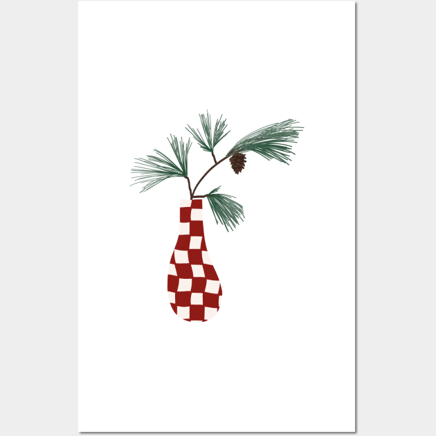 wavy abstract checkerboard vase with pine bough in red cranberry Wall Art by JuneNostalgia